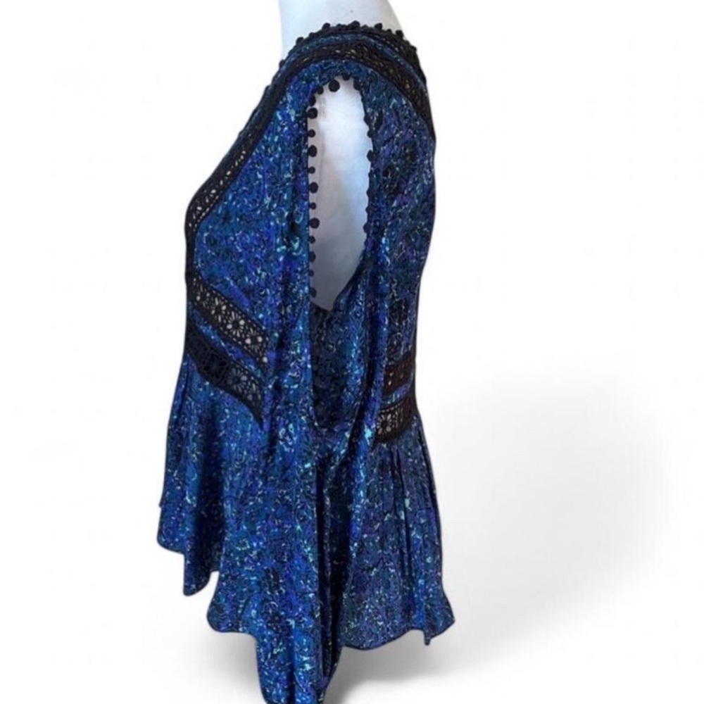 Rebecca Taylor Blue Long-Sleeve Paisley Cold-Shoulder Silk Lace Blouse size 6 - Picture 4 of 10